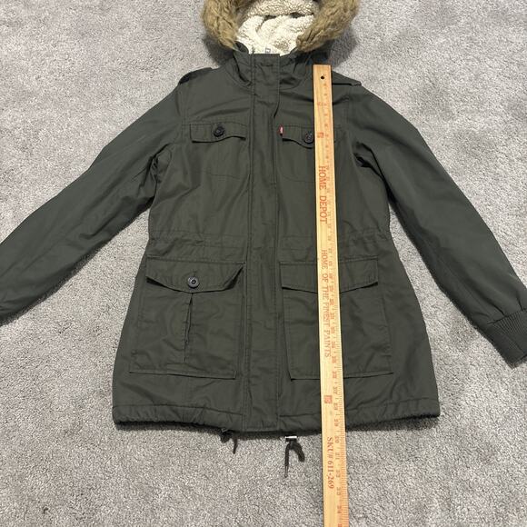 Levi's Jacket Womens Size Small Green Hooded Sherpa Lined Parka Faux Fur Trim - Picture 6 of 7